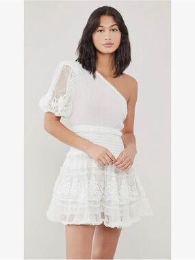 Rococo Sand One-Shoulder White Lace Tiered Mini Dress